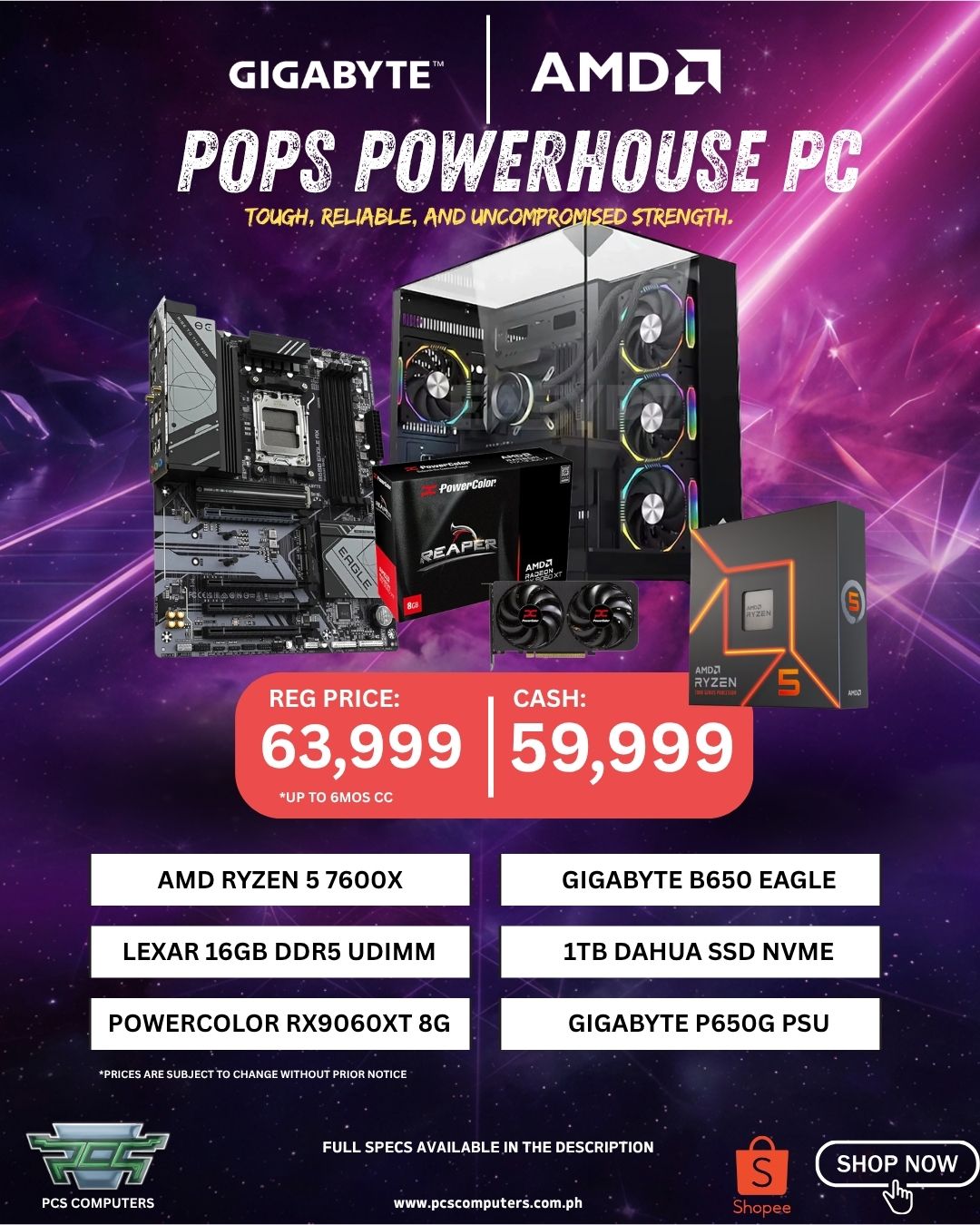 POPS Powerhouse Gaming Desktop – Ryzen 5 7600X | Radeon RX 9060 XT | 1TB SSD