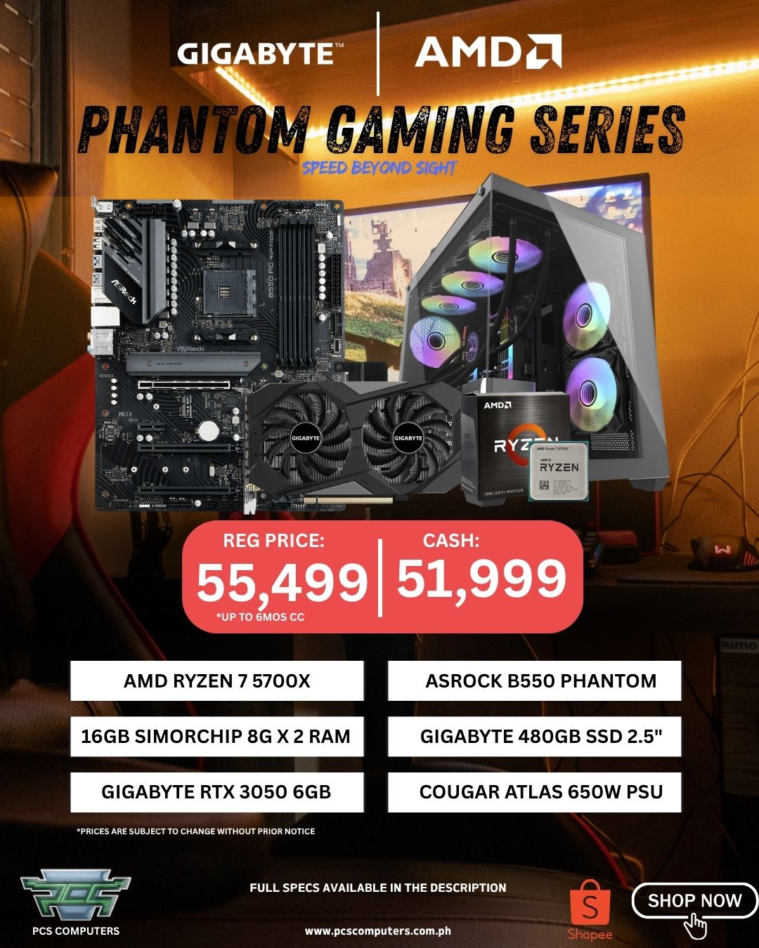 Phantom Gaming Desktop – AMD Ryzen 7 5700X | RTX 3050 | 16GB RAM | 480GB SSD