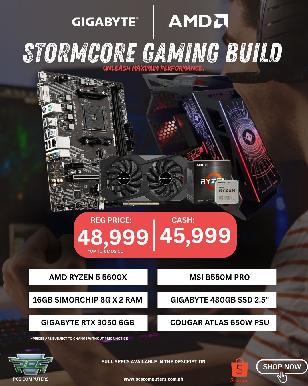 Stormcore Gaming Build – AMD Ryzen 5 5600X | RTX 3050 | 16GB DDR4 | 480GB SSD Desktop