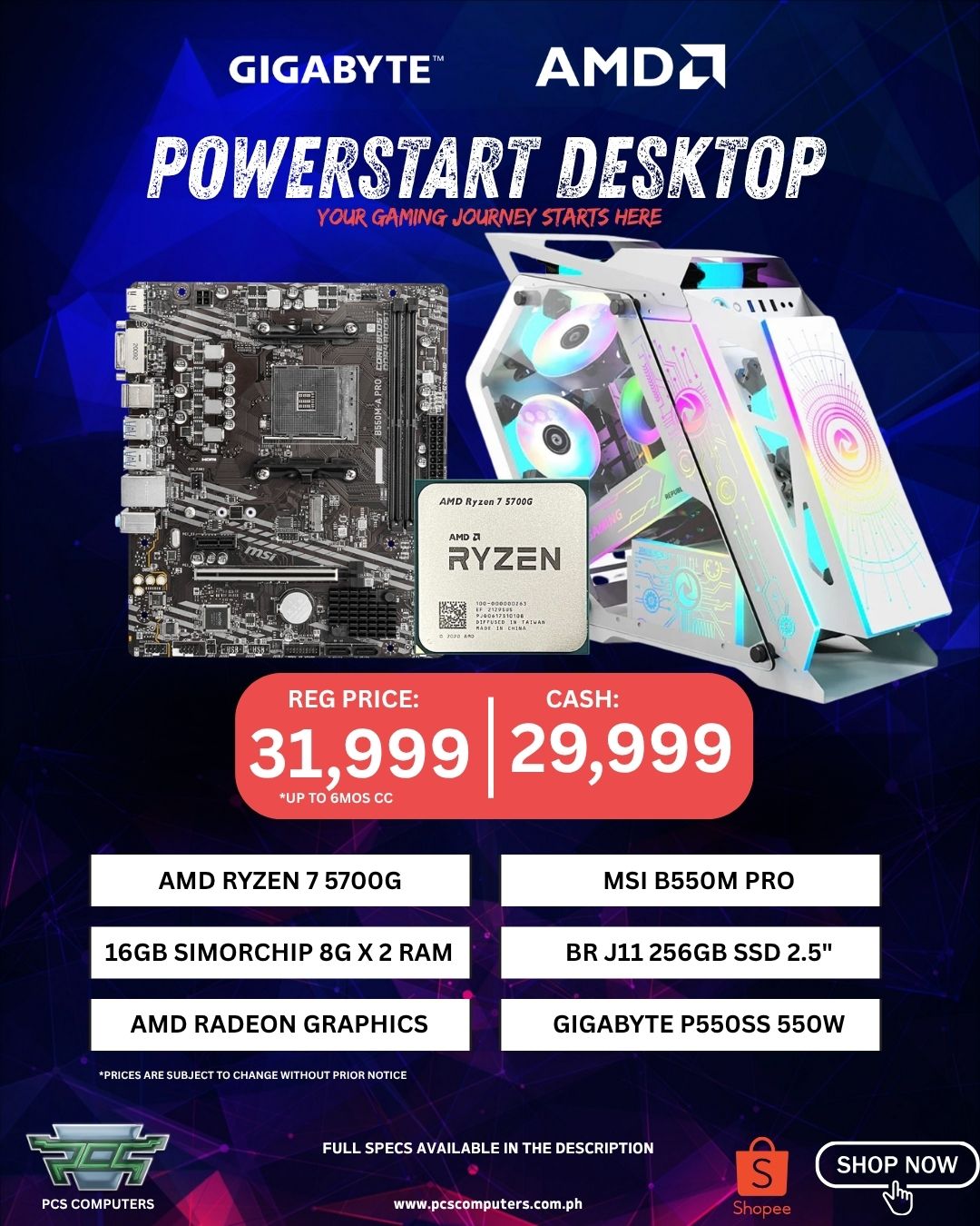 PowerStart Desktop PC – Ryzen 7 5700G | Radeon Graphics | 16GB RAM | 256GB SSD