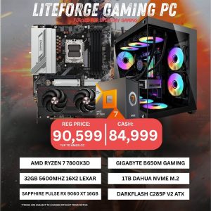 LiteForge Gaming PC – AMD Ryzen 7 7800X3D | RX 9060 XT 16GB | 32GB DDR5 | 1TB NVMe SSD