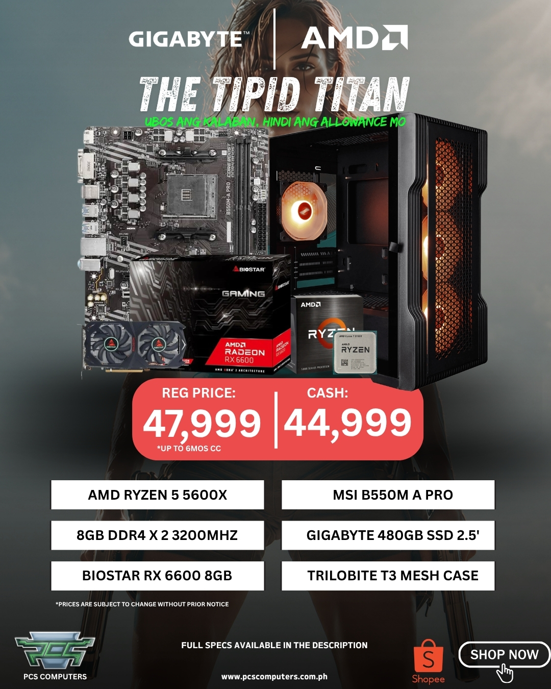 PCS Computers "The Tipid Titan" Budget Gaming PC (Ryzen 5 5600X | RX 6600 8GB | 16GB DDR4 | 480GB SSD)