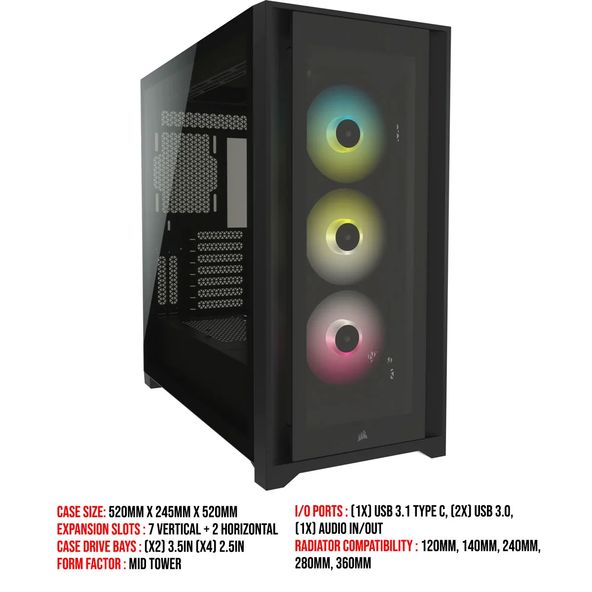 Corsair iCUE 5000X RGB Tempered Glass Mid-Tower ATX PC Smart Case (Black)