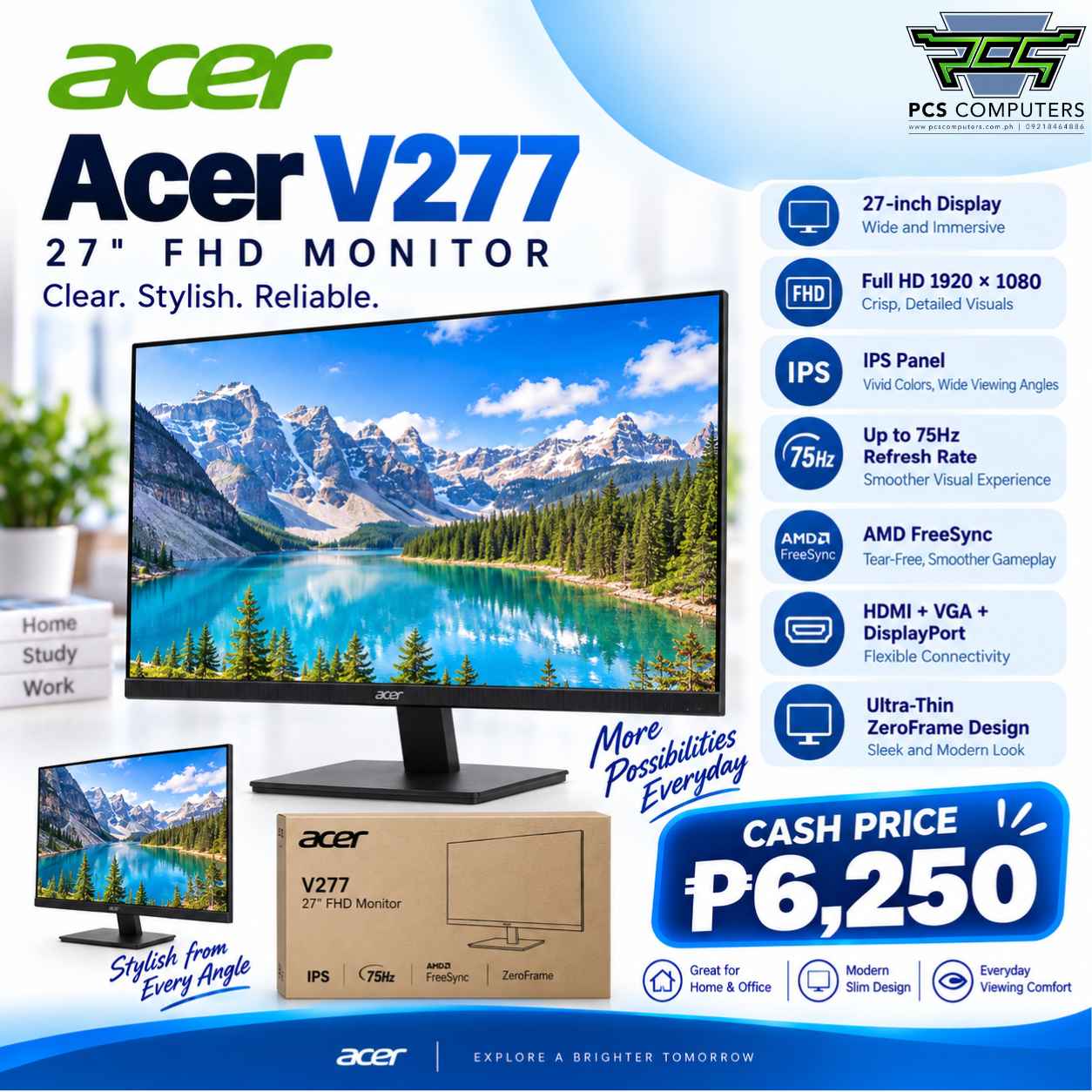 Acer V277 E 27FHD VGA HDMI DP FreeSync Widescreen LED Monitor