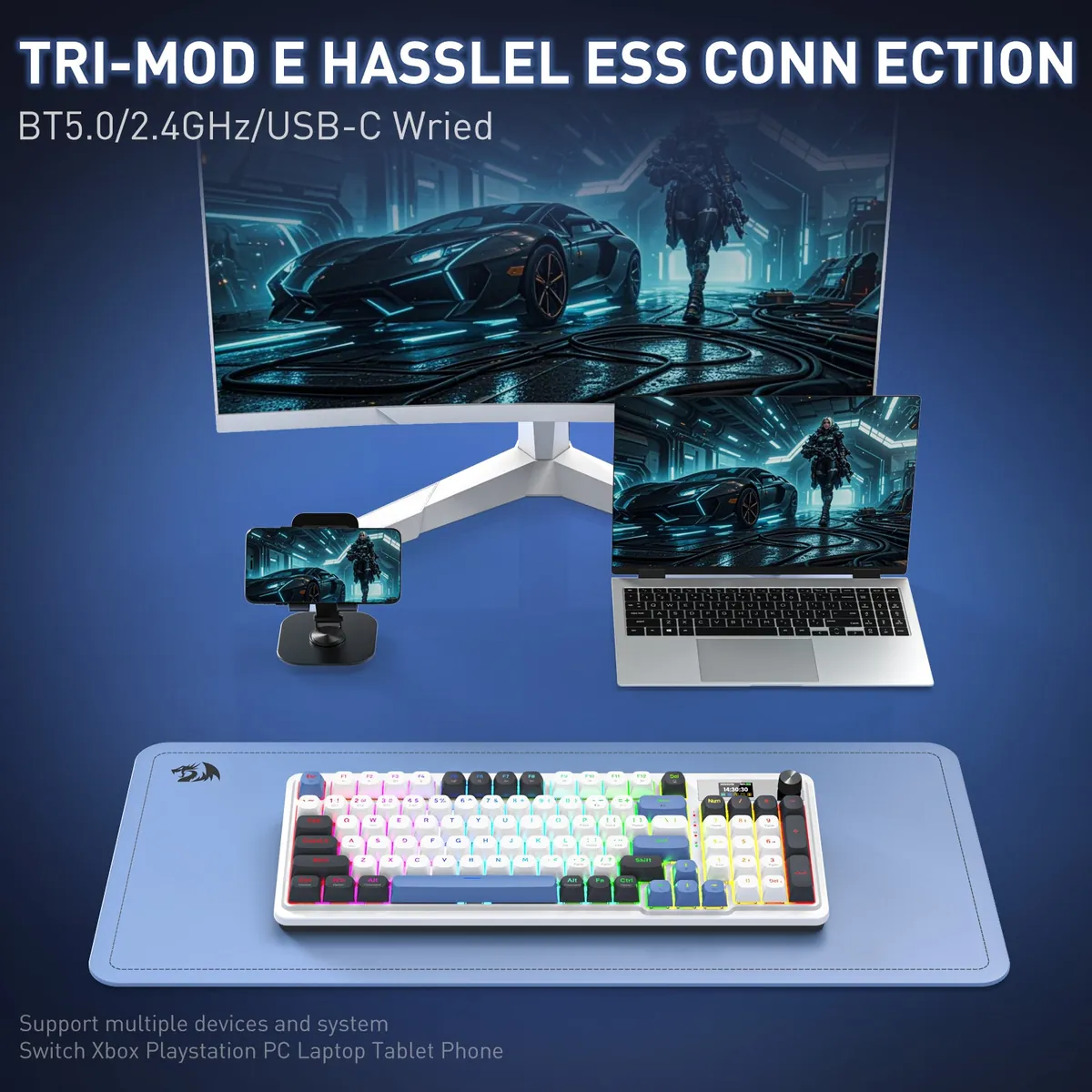 Redragon Galatin Pro K719WGB-RGB-PRO Wireless Mechanical Keyboard — White/Grey/Blue — product view 2
